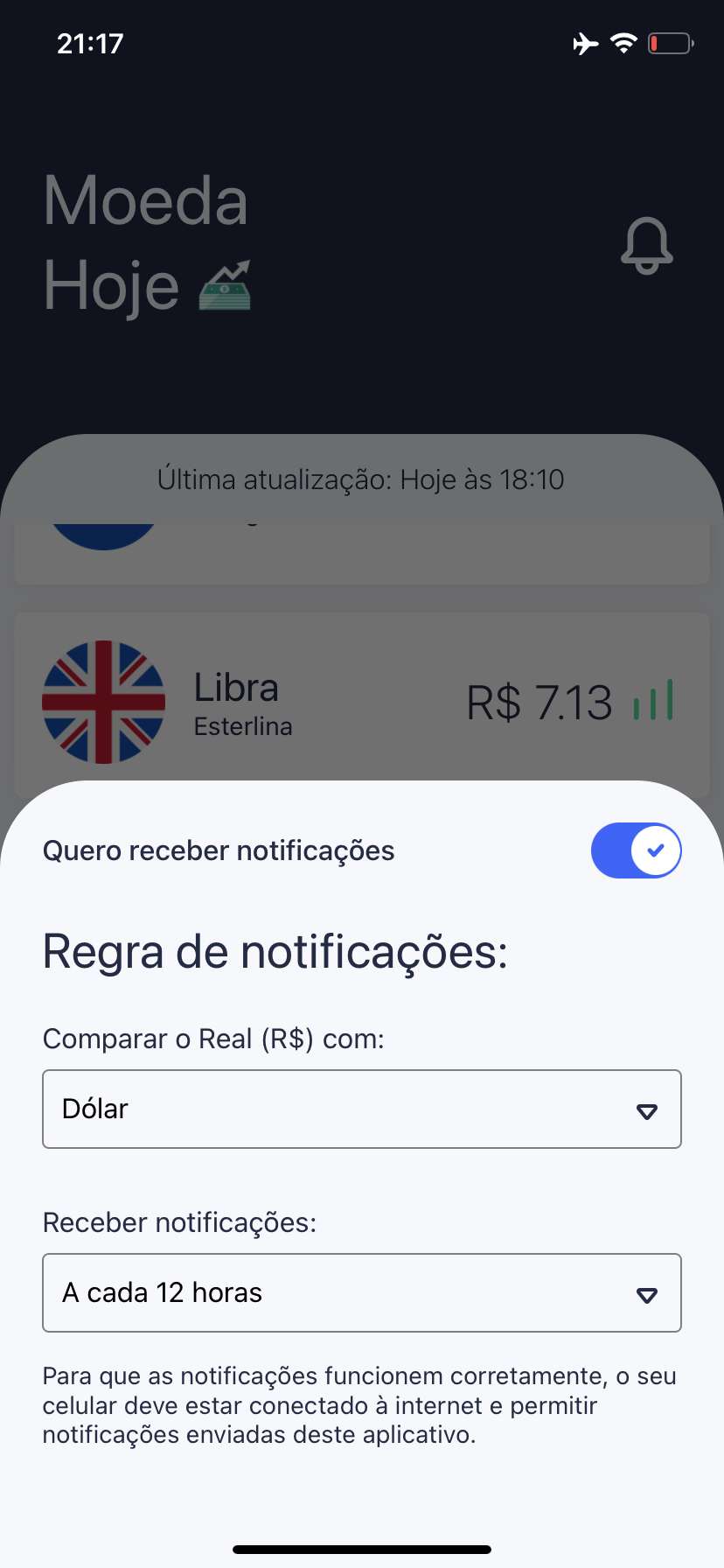 The Moeda Hoje home screen: a last-updated timestamp above each currency quoted in reais